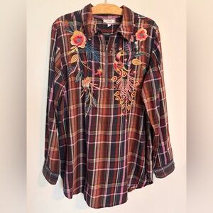 Johnny Was EUC Shuri Flannel Plaid Embroidered Tunic Blouse